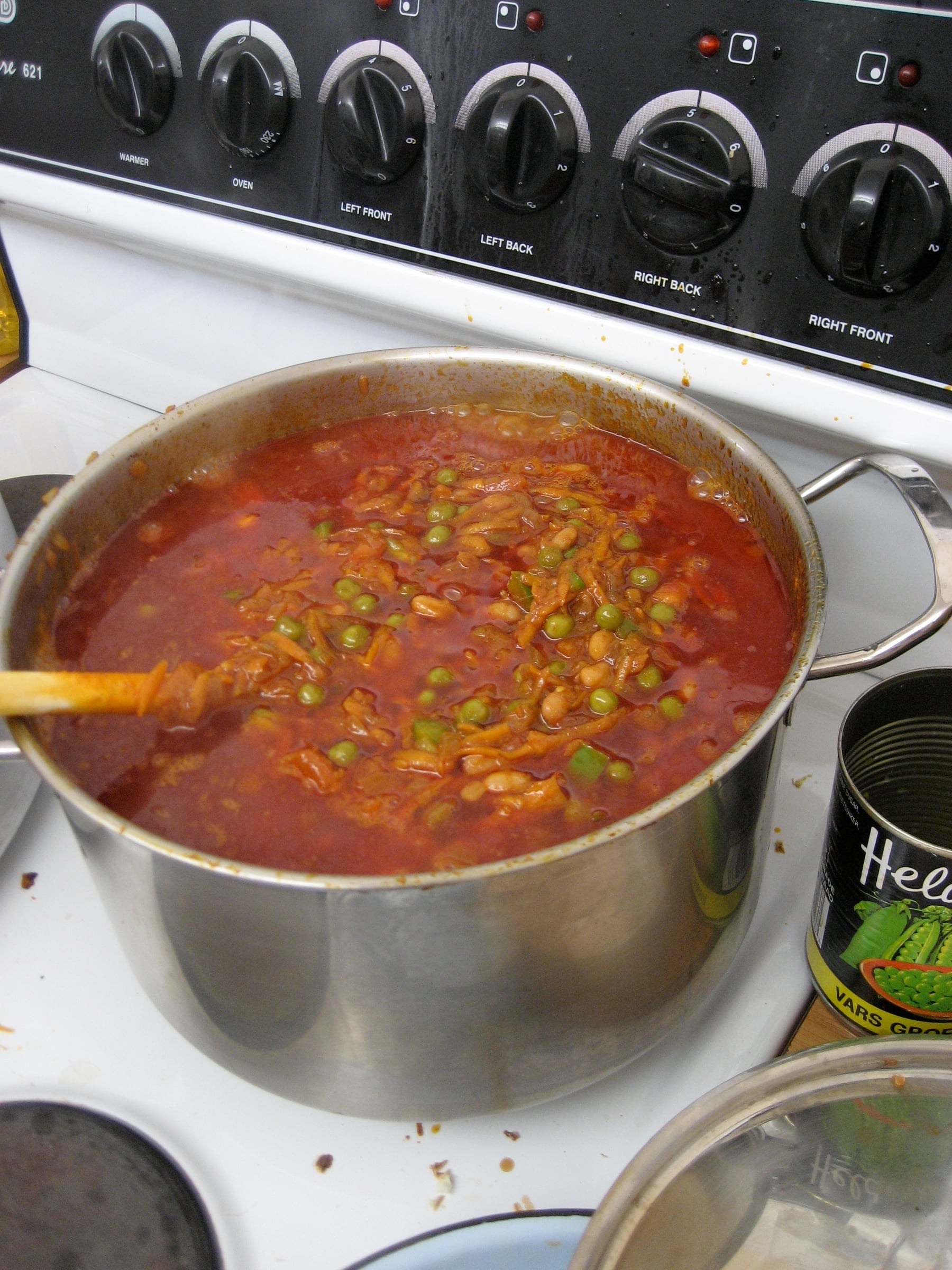 A pot of chakalaka: tomato relish with carrot, peppers and beans